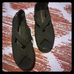 Bernie Mev Black Woven Open Toe Wedge